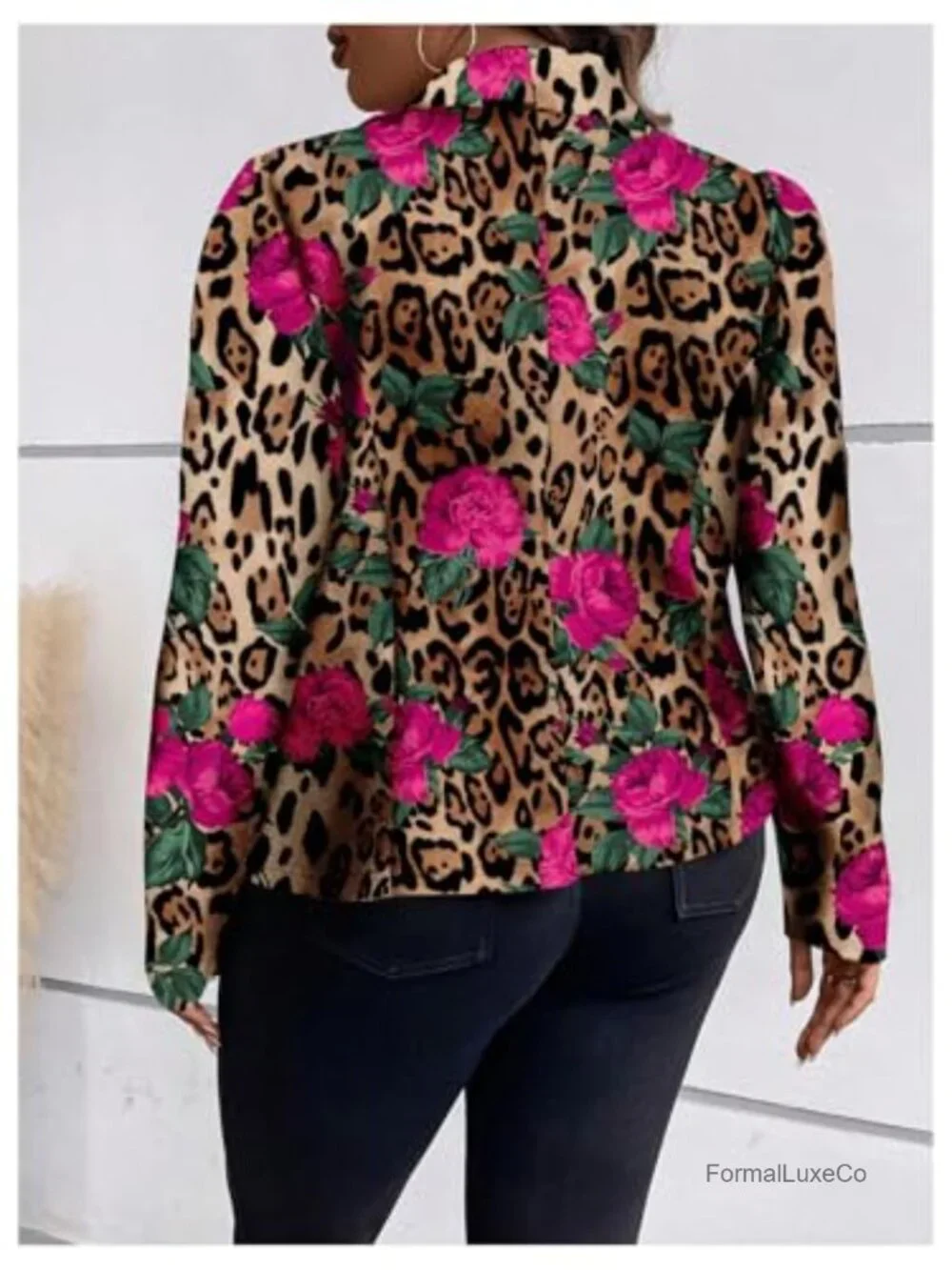 Plus Size Floral Leopard Blazer Long Sleeve Lapel Neck Elegant Suit Jacket